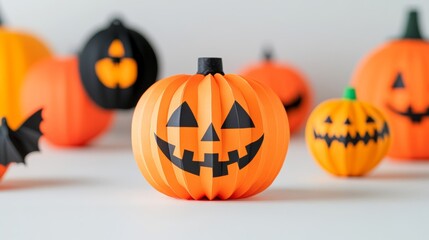 Sticker - Closeup of a 1950s Halloween decoration, a paper lantern with a smiling jack-o'-lantern face, surrounded by other retro decor items, isolated on a white background 