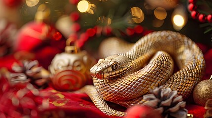 Wall Mural - A gold snake 2025 symbol is laying on a bunch of Christmas decorations around it. Zodiac sign according to the Chinese horoscope.