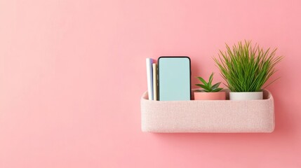 Closeup of a bedside caddy made of soft fabric, attached to a bunk bed, holding a phone, notebook, and pen, isolated on a gradient background 