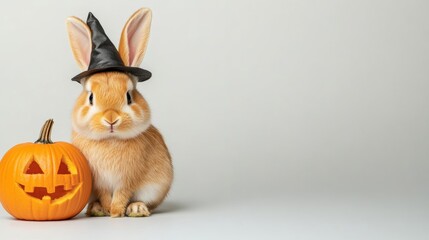 Wall Mural - Closeup of a bunny wearing a tiny witch hat, sitting next to a carved pumpkin, isolated on a white background, emphasizing the cute and festive vibe 