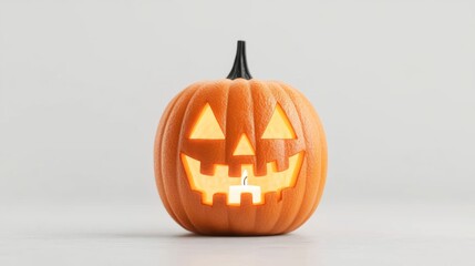 Wall Mural - Closeup of a carved pumpkin with a spooky face, glowing with a candle inside, and a decorated house in the background, isolated on a white background 