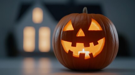 Wall Mural - Closeup of a carved pumpkin with a spooky face, glowing with a candle inside, and a decorated house in the background, isolated on a white background 