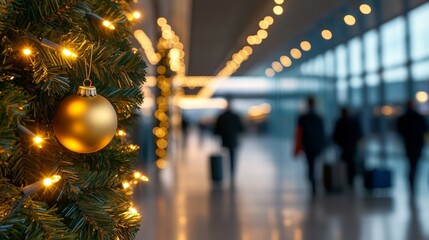 Sticker - closeup of a Christmas garland with lights hanging in an airport, people walking by with luggage 