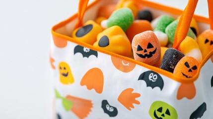 Poster - Closeup of a colorful trick-or-treat bag filled with assorted candies, featuring spooky designs like ghosts and pumpkins, isolated on a white background 