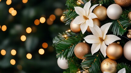 Poster - closeup of a decorated Christmas palm tree with gold and white ornaments, tropical flowers, and fairy lights, elegant and exotic atmosphere 