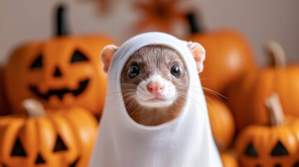 Canvas Print - Closeup of a ferret wearing a tiny ghost costume, sitting in a Halloween-themed setting with jack-o'-lanterns, isolated on a white background 