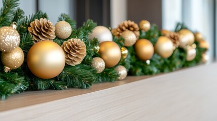 Sticker - closeup of a hotel's reception desk decorated with elegant Christmas ornaments and garlands, welcoming and festive 