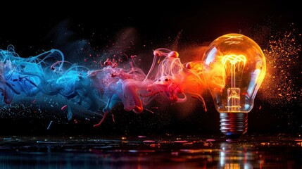 Explosive Creativity: Colorful Paint Splashes from Light Bulb on Black Background - Unique Idea Concept