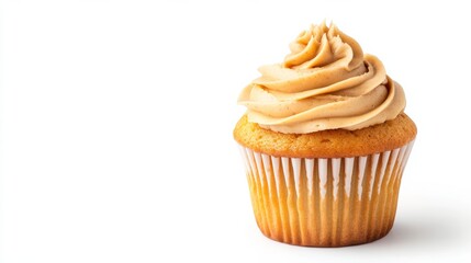 Canvas Print - Closeup of a peanut butter swirl cupcake with frosting, isolated on a white background, highlighting the detailed texture 