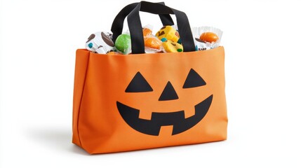 Sticker - Closeup of a retro Halloween candy bag with a classic pumpkin design, filled with old-fashioned treats, isolated on a white background 