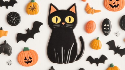 Wall Mural - Closeup of a retro Halloween postcard with a black cat and pumpkin illustration, surrounded by vintage Halloween trinkets, isolated on a white background 