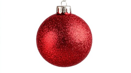 Poster - Closeup of a vintage Christmas ornament, a shiny red bauble with glittering details, hanging on a retro-style tree, isolated on a white background 