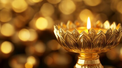 Poster - closeup of an intricately decorated golden diya for Diwali, elegant design, warm and inviting glow 