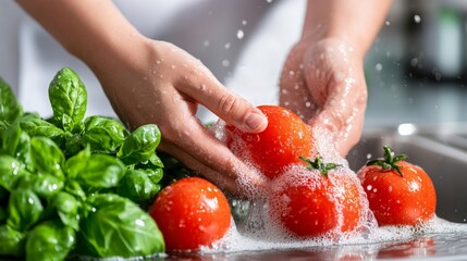 Closeup of hands washing fresh produce under running water, disinfecting in a stainless steel sink, bright and clean kitchen background 