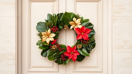 Wall Mural - elegant Christmas wreath made of tropical leaves, flowers, and gold accents, hanging on a beach villa door 