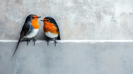 Two robins with bright orange chests perched on a gray concrete ledge against a textured background - AI Generated Digital Art