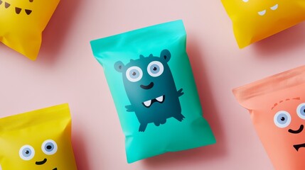 Sticker - Fun, playful package design for a kids' snack, bright colors, cartoon characters, and dynamic layout, cheerful and engaging, isolated on a white background 