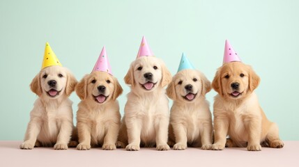 Poster - Golden retriever puppies in a row, wearing party hats, on a pastel-colored background, festive and cute 