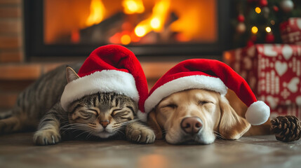 A cat and a dog wearing Christmas hats lying by the fireplace