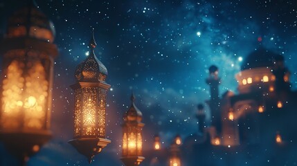 Wall Mural - Original traditional ornate oriental lantern with beautiful bokeh of holiday lights and mosque in background. Generative Ai