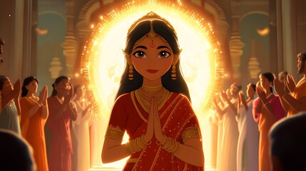 Animation of an Indian woman in traditional attire, standing with her hands folded and wearing gold ornaments on her head, praying to God