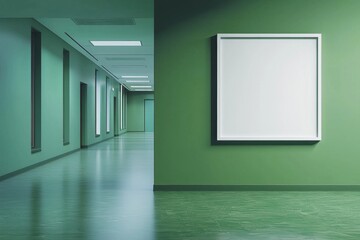 A green color empty room with a white frame on the wall 