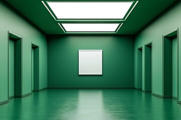 A green color empty room with a white frame on the wall 