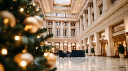 Poster - hotel lobby with a large, elegantly decorated Christmas tree, sparkling lights, and guests mingling, festive and luxurious ambiance 