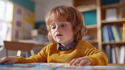 A young boy is sitting at a table with a book in front of him