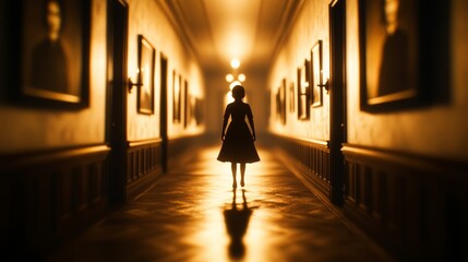 Wall Mural - Inside a haunted house, dimly lit corridor with old portraits and flickering candles, eerie shadows on the walls 