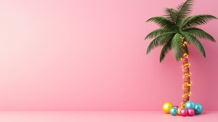 Poster - Isolated palm tree on a gradient background, decorated with festive Christmas balls and lights 