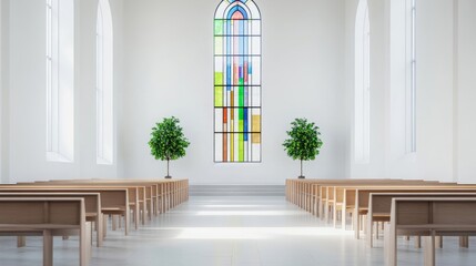 Poster - Modern church interior with a large, abstract stained glass window, clean white walls, and minimalist decor, creating a tranquil and reflective environment 