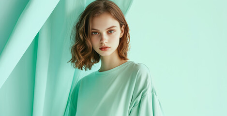 Stylish young model in fashion mint fresh colors look. Minimalist scene. Trending color of the season.