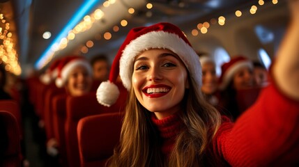 Sticker - passengers taking selfies with Christmas decorations on a plane, festive and joyful atmosphere, holiday lights and garlands 