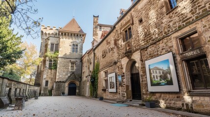 Picture an art exhibition that takes place in a historic castle. Describe the contrast between the ancient architecture and the contemporary artworks on display