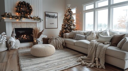 Festive Living Room with Cozy Decorations: Christmas Tree, Blankets, and Pillows