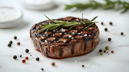 Wall Mural - Juicy grilled beef steak, white marble tabletop, rosemary sprig, salt flakes, peppercorns, extreme close-up, shallow depth of field, soft bokeh background, food photography.