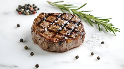 Juicy grilled beef steak, white marble tabletop, rosemary sprig, salt flakes, peppercorns, extreme close-up, shallow depth of field, soft bokeh background, food photography.