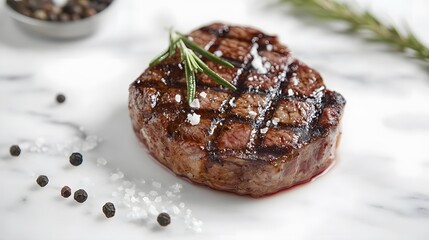 Juicy grilled beef steak, white marble tabletop, rosemary sprig, salt flakes, peppercorns, extreme close-up, shallow depth of field, soft bokeh background, food photography.