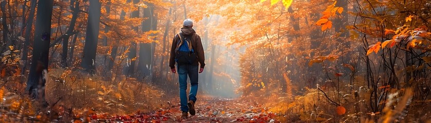 Wall Mural - Overweight individual trekking on picturesque autumn forest trail surrounded by vibrant foliage