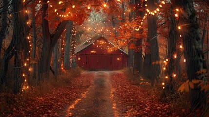 Scenic country road lined with trees ablaze in autumn colors, leading to a Halloween-themed barn dance under fairy lights