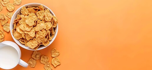 A bowl of cereal with milk on an orange background. Space for text. Breakfast food concept.