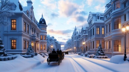 Sticker - Snow-covered Victorian street with horse-drawn carriages, gas lamps, and carolers singing, twilight setting, warm glows from windows, wide angle 