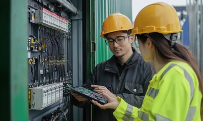 Wall Mural - Engineer manager explain worker working of electrical system in Shipping Container site work for safety first