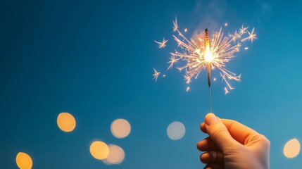 Canvas Print - Sparkling firecracker bursting against dark sky symbolizing colorful Diwali celebrations in India with ample empty space for text 