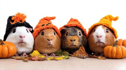 Wall Mural - Top view of a group of cute guinea pigs wearing tiny Halloween costumes, surrounded by festive decorations and mini pumpkins, on a wooden floor 