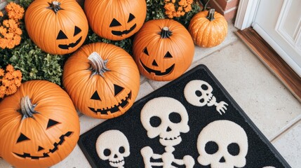 Sticker - Top view of a front porch decorated with Halloween items like pumpkins, skeletons, and a welcome mat, showcasing a festive and spooky setup 