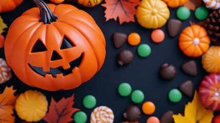 Poster - Top view of a Halloween candy scavenger hunt setup in a backyard, with hidden treats and spooky decorations, emphasizing a fun and festive atmosphere 