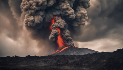  Erupting volcano with lava flow and rising smoke.