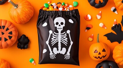 Poster - Top view of a trick-or-treat bag with a spooky skeleton design, filled with candy, and surrounded by Halloween crafts and decorations 